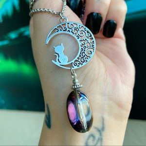 Crystal cat moon necklace . Black iridescent rainbow aura crystal & silver charm